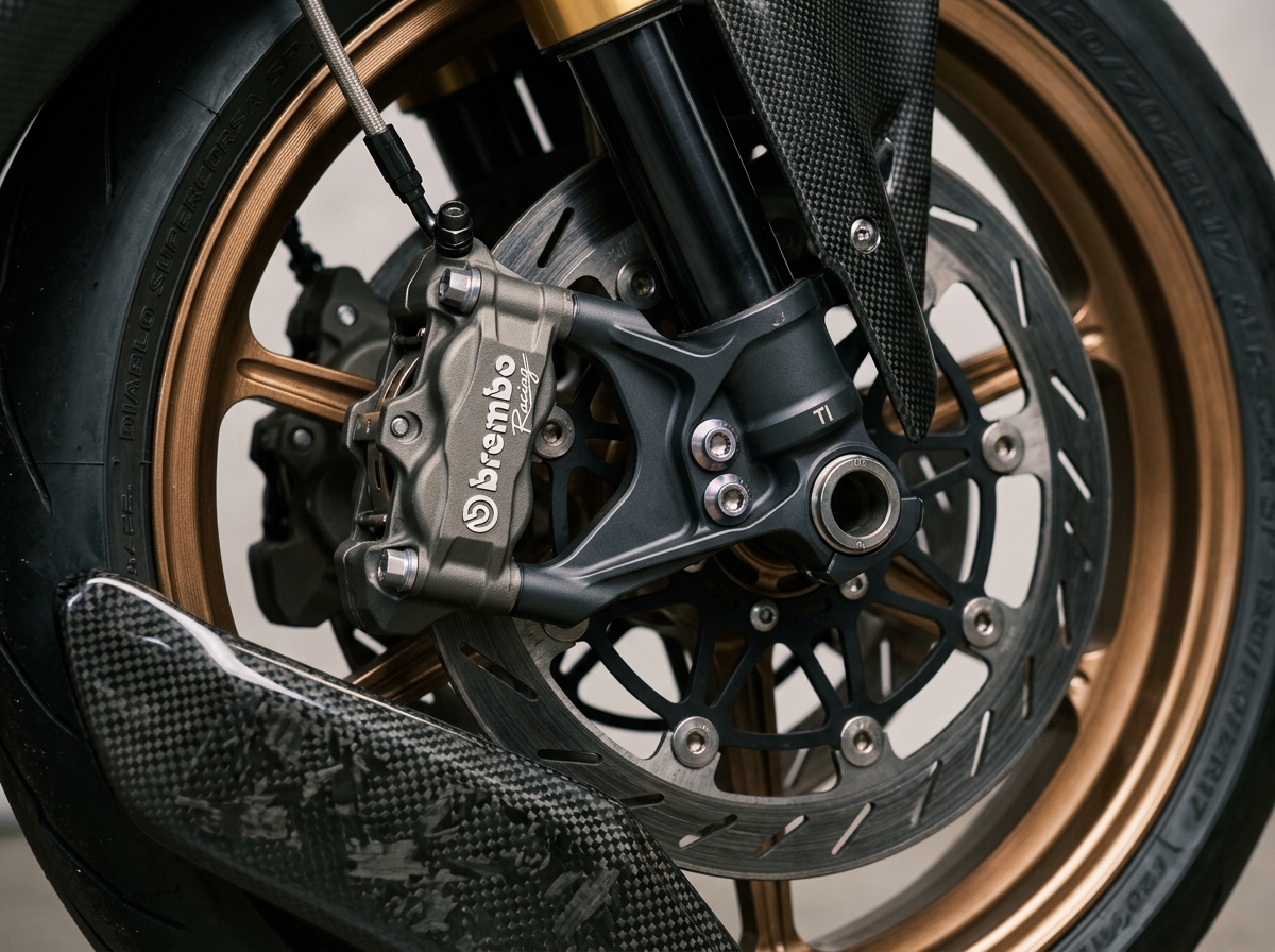 Brembo monobloc caliper and forged carbon fender close-up