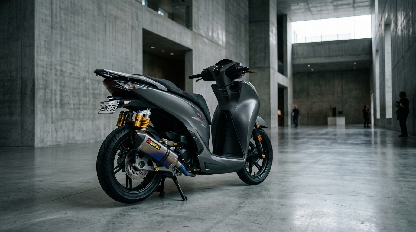 Dynamic 3/4 angle view with Akrapovic titanium exhaust and Ohlins suspension